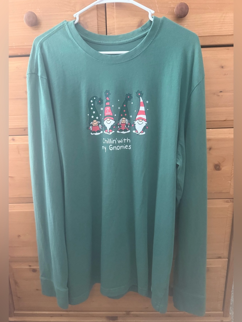 Mens Long-Sleeve 'Chillin' with my Gnomies' Green Graphic Tee